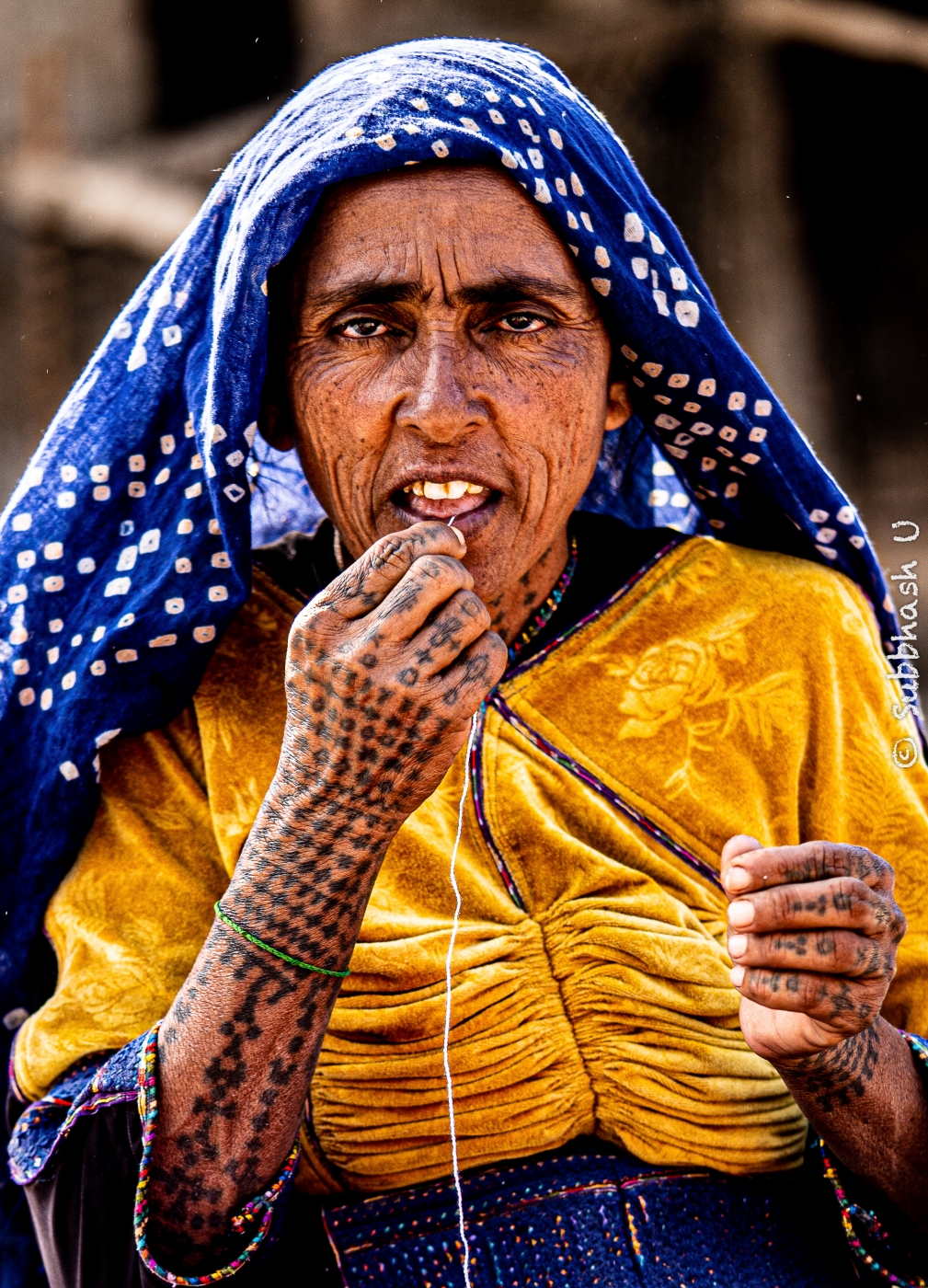  A Lady with Tattooes. Traditional fashion of tattooing entire body in Rabari Tribe ladies.